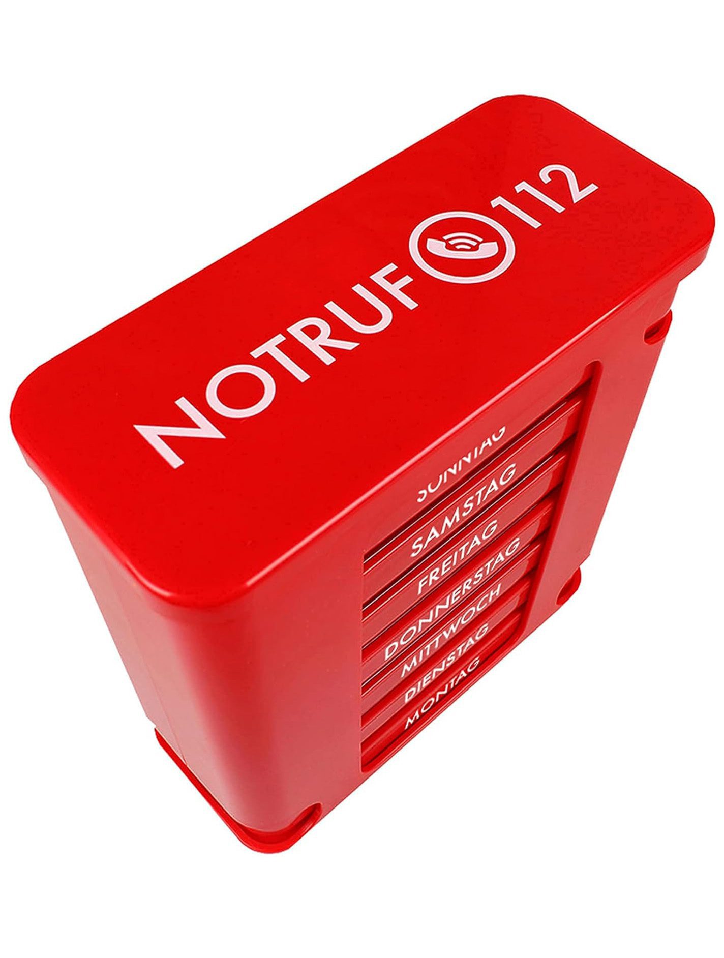 Tablettenbox in Rot mit Notruf Nummer