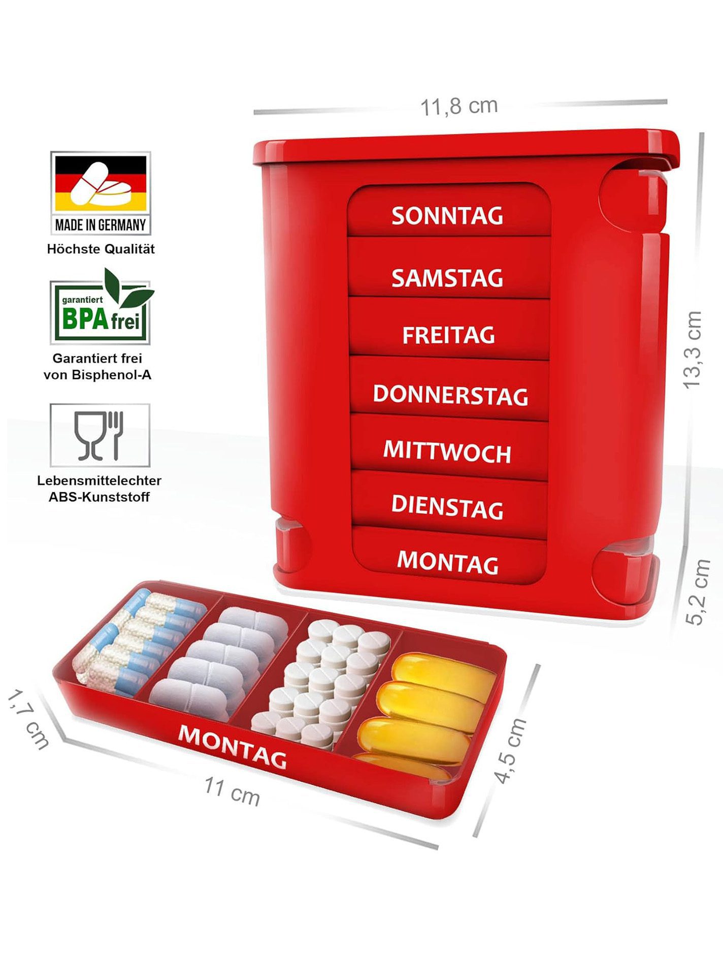 Tablettenbox in Rot, hergestellt in Deutschland