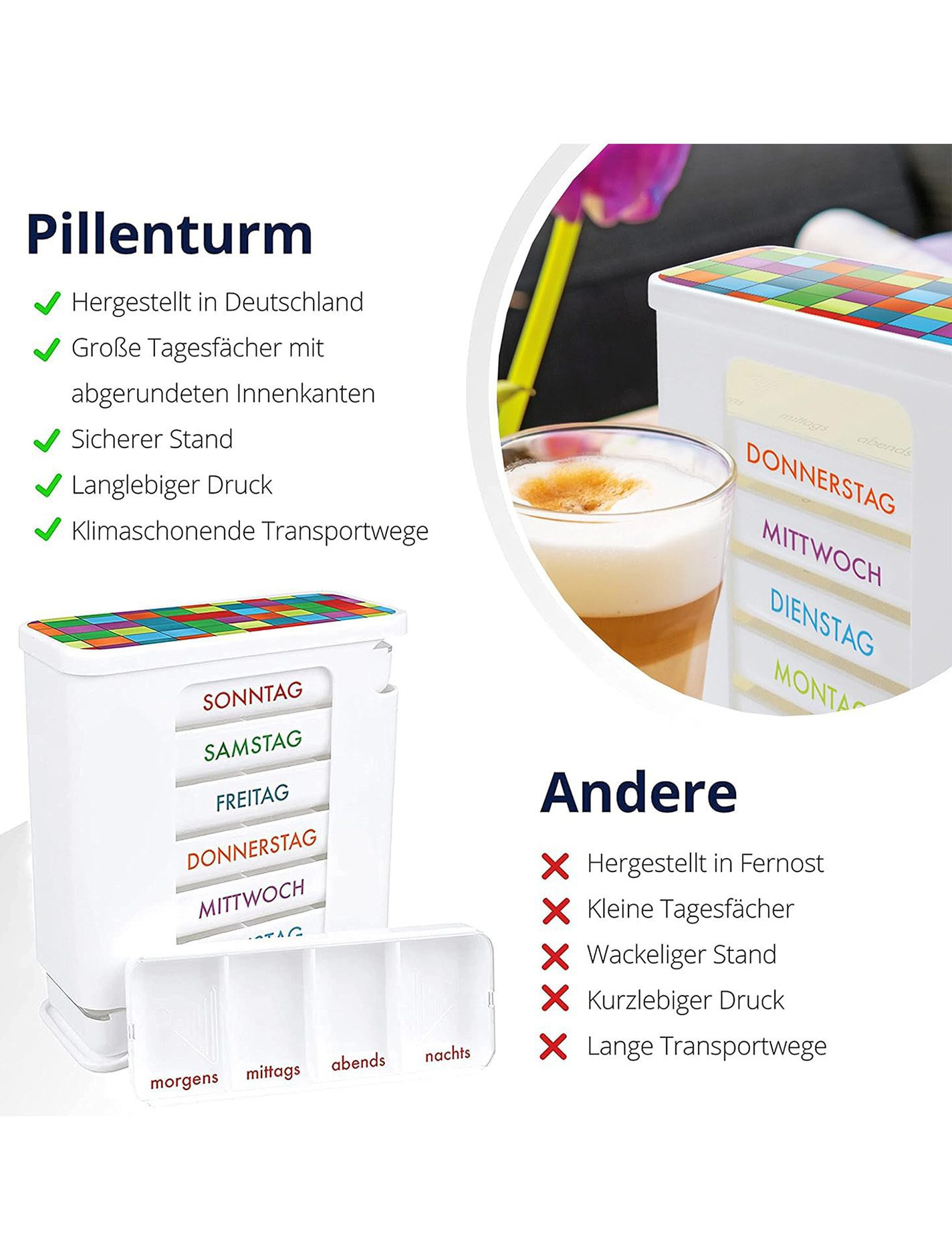 Vorteile des Kerpers Pillenturms in buntem Design