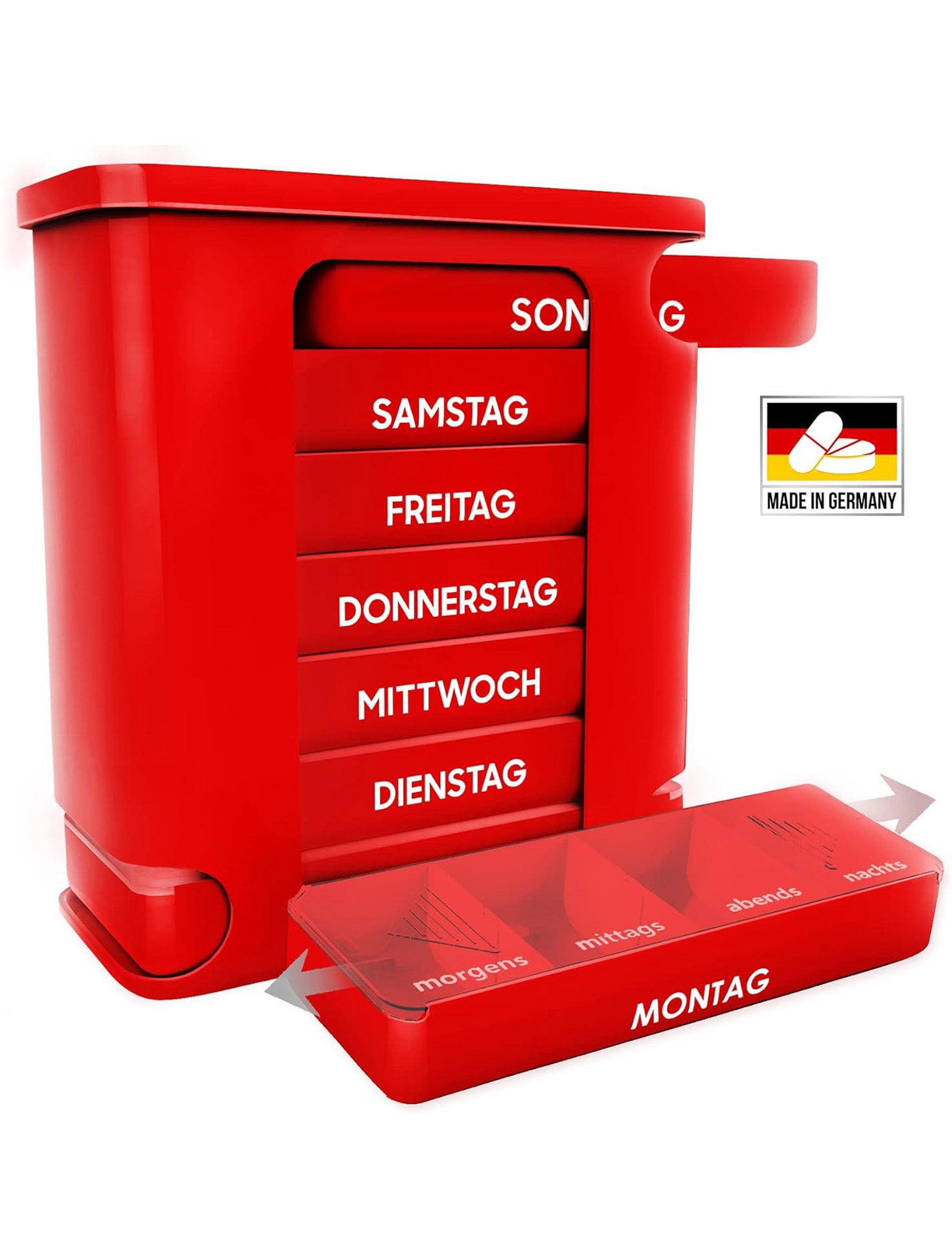 Darstellung der Anwendung der Tablettendosen für die Medikamentenbox in Rot