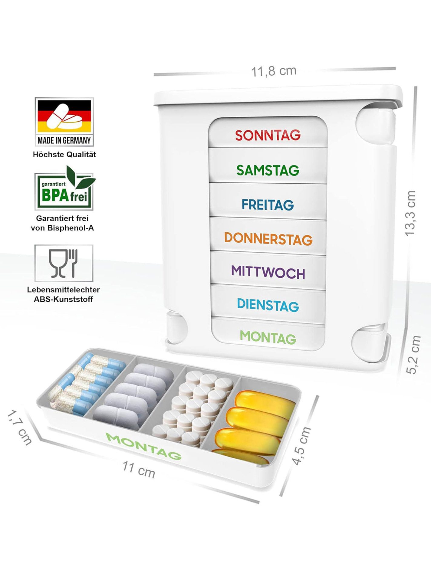 Medikamentenbox in weiß mit bunter Aufschrift